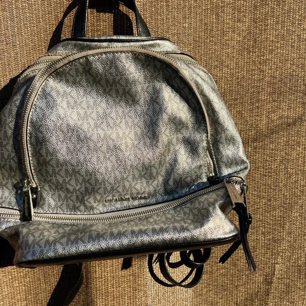 Michael Kors Mini Backpack MK Signature Women’s Leather Black Metallic Silver - Picture 3 of 12